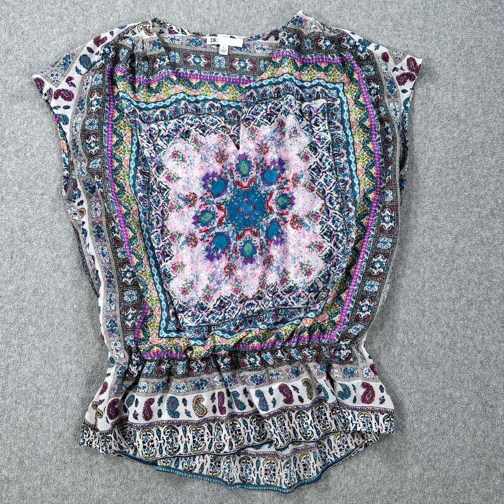 DR2 Paisley Multicolor Peplum Blouse Women's Large Sheer Cap Sleeve V-Neck Boho
